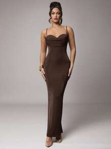 Silquee Women's Elegant Summer Maxi Dress,Dark Brown Stretchy Knit Spaghetti Strap Ruched Night Out Party Dress,Formal Wedding Cocktail Gala Gown - Coffee Brown - View 6