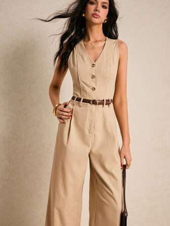 Poéselle 女士简约时尚休闲连体裤，适合日常穿着，亚麻背心连体裤，卡其色口袋连体裤，日常工作休闲，波西米亚风，夏季女士连体裤，女士健身服，商务休闲装，女士连体裤，夏季女士服装，夏季女士工装裤，扣式西部服装，女士节日波西米亚风，嬉皮士风，复古波西米亚风