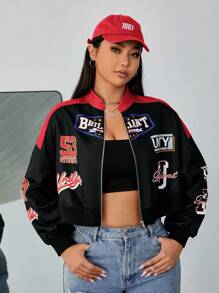SHEIN EZwear 大码女式彩色块字母印花短款夹克 - 紅色 - 查看 6