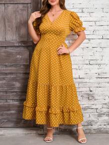 SHEIN Clasi Plus Size Women's Yellow Polka Dot Print Ruffle Hem Elegant Dress, Women's Resort Wear, Women's Summer Dress, Women's Business Casual Wear, Going Out Wear, Women's Office Wear, Women's Spring Dress, Festival Wear, Old Money Wear, Polka Dot Dress Women's Plain Wear, Romantic Dress, Women's Floral Dress - Yellow - View 7