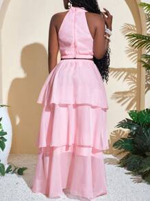 Slaydiva Summer Vacation Halter Sleeveless Top & Mesh Layered Ruffle Trim Skirt 2 Pieces Set For Women, Pink - Pink - View 4