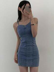 DAZY Women's Stretchy Denim Mini Wrap Dress, Spring/Summer Sundress - Dark Wash - View 5