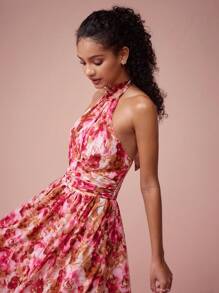 Enchnt Women's Elegant Floral Print Backless Dress