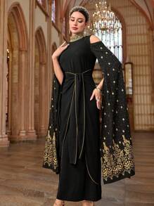 Al Najma Damen elegantes Kleid im Arabierstil mit Folienprint Patchwork und Schulterbändern - Schwarz - Übersicht 6