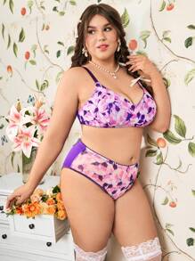 2pcs Set Plus Size Wireless Mesh Patchwork Lingerie Bra & Panty Set - Multicolor - View 3