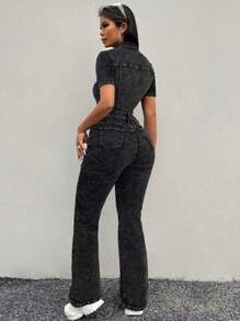 SHEIN SXY 女式紧身高腰长喇叭连体裤，短袖，性感有弹性，黑色 - 黑色 - 查看 2