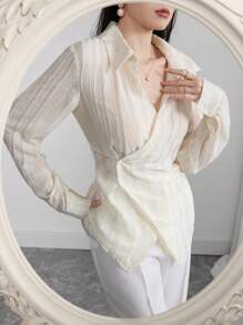 Modelyn Women's Turn Down Collar Long Sleeve Single-Breasted Casual Shirt - Beige - View 4