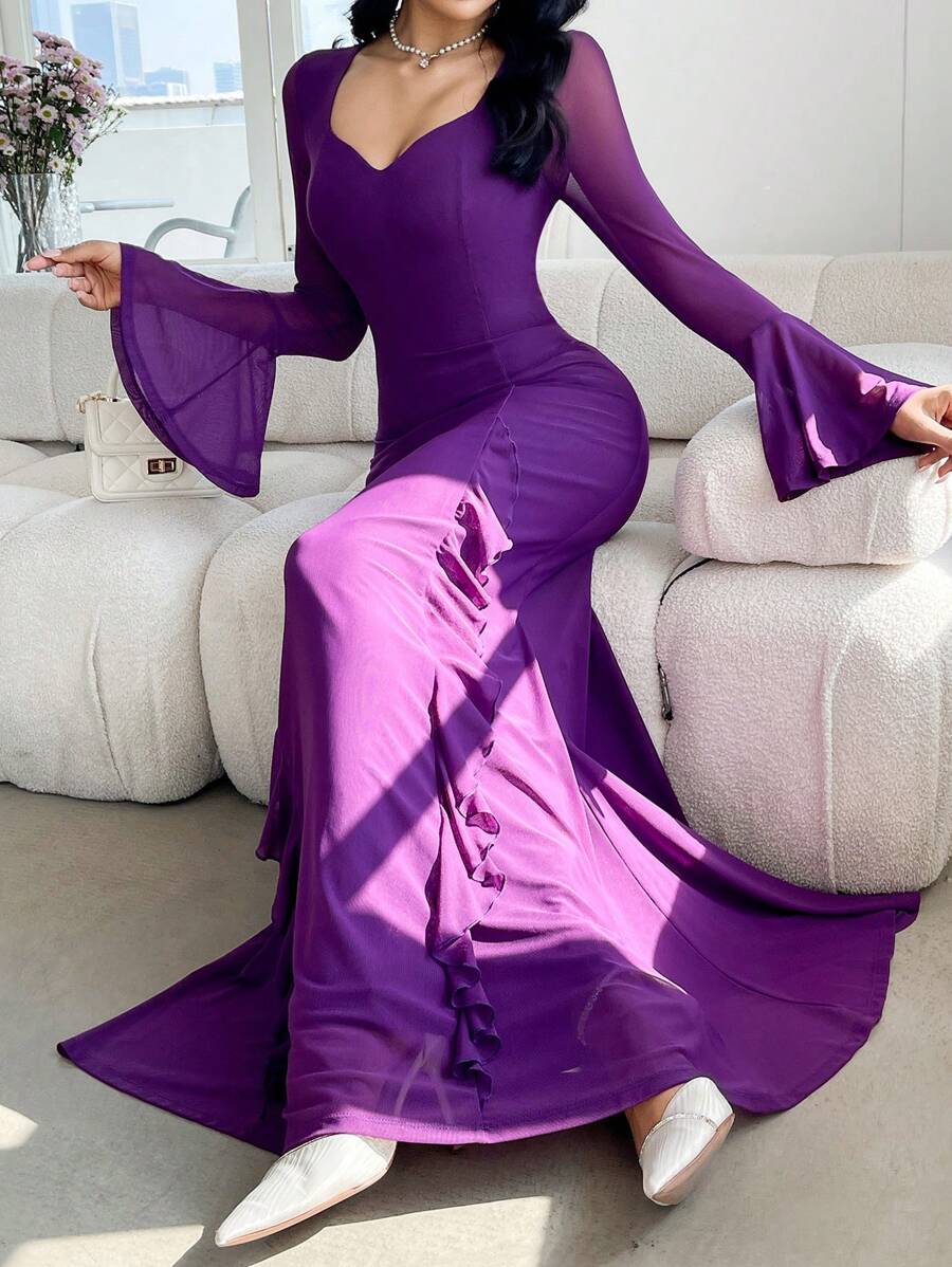 Modelyn Women Elegant Solid Color Flare Sleeve Ruffle Hem Purple Dress - Purple - View 1