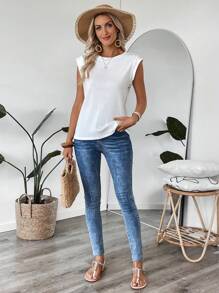 EMERY ROSE 女士纯色圆领盖袖罗纹休闲 T 恤 - 白色 - 查看 3