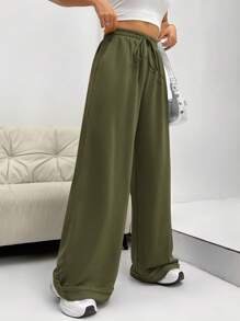 SHEIN EZwear Women Solid Color Waist Tie Pocket Loose Casual Sweatpants