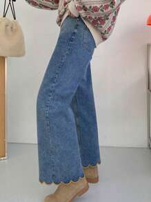 DAZY Women's Solid Washed Floral Hem Straight Leg Jeans, All Season - Blue - View 6