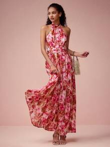 Enchnt Women's Elegant Floral Print Backless Dress