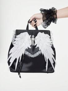 ROMWE Goth 1pc White Angel Wings With Rhinestone Cross Lace Decor Backpack - Black - View 4