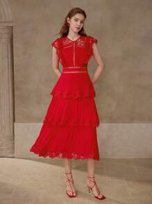 MOTF PREMIUM CONTRAST LACE TIERED LAYER DRESS - Red - View 6