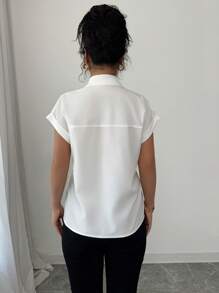 Elenzga 女士白色短袖衬衫，简约设计，轻盈宽松复古香港风格无袖衬衫 - 白色 - 查看 2