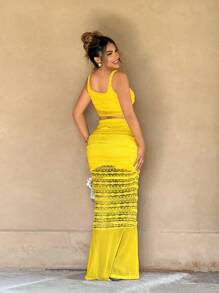 Zolique Women's Yellow Truncated Sexy Lace Contrast Mesh Vest Fishtail Long Skirt Two-Piece Vacation Set