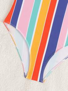 SHEIN Tween Girl Fitted Casual Minimalist Comfortable Round Neck Cap Sleeve Striped One-Piece Swimsuit - Multicolor - View 3