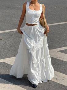 SHEIN EZwear 2pcs/Set Women Solid Front Button Vest Top And A-Line Max Skirt - White - View 1