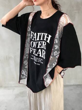 FRIFUL Women's Letter Graphic Color Blocking Lace Patchwork Motorcycle Style Loose Polo T-Shirt