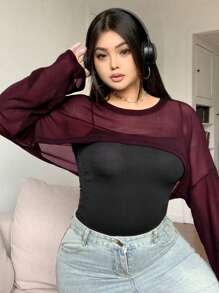 Livesso Curve 大码女式长袖 T 恤黑色罩衫春夏薄款秋季女装 - 酒紅色 - 查看 1