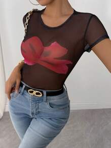 Chiquease 女士图案印花圆领短袖网眼 T 恤