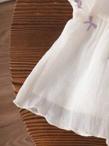 女婴夏季韩版可爱刺绣紫色蝴蝶结编织上衣和紫色丝绒短裤套装 - 彩色 - 查看 5