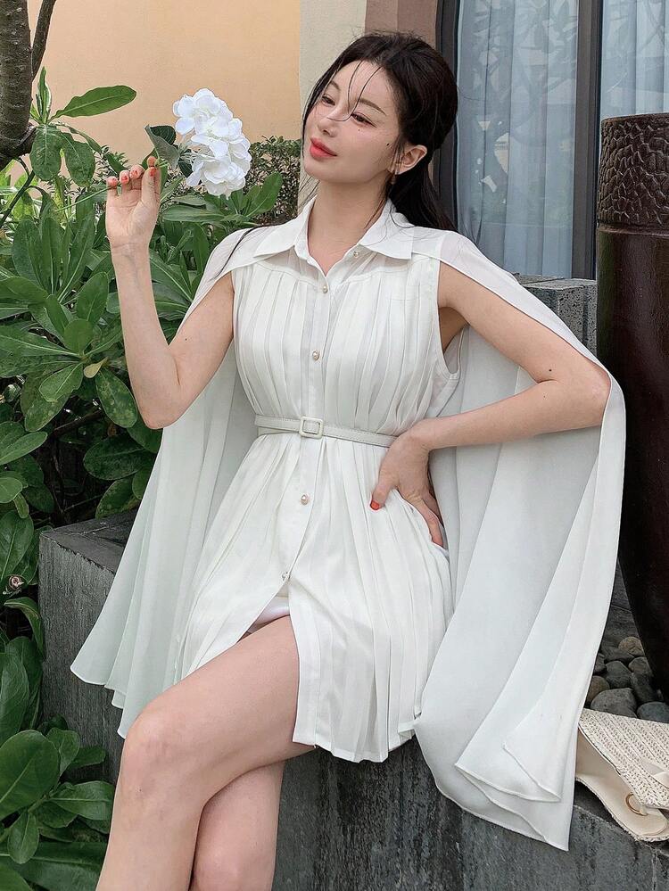 Elegant Summer Blouse, Solid Color Pleated Loose Fitting Open Slit Vacation Shirt For Women Long Sleeve Top