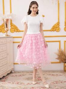 SHEIN Ensemble 2 pièces pour adolescentes : Top simple avec volants et jupe superposée en tulle - Multicolore - Voir 4