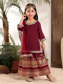 2pcs Young Girl Solid Color Patchwork Round Neck Long Sleeve Top And Skirt Set - Multicolor - View 3