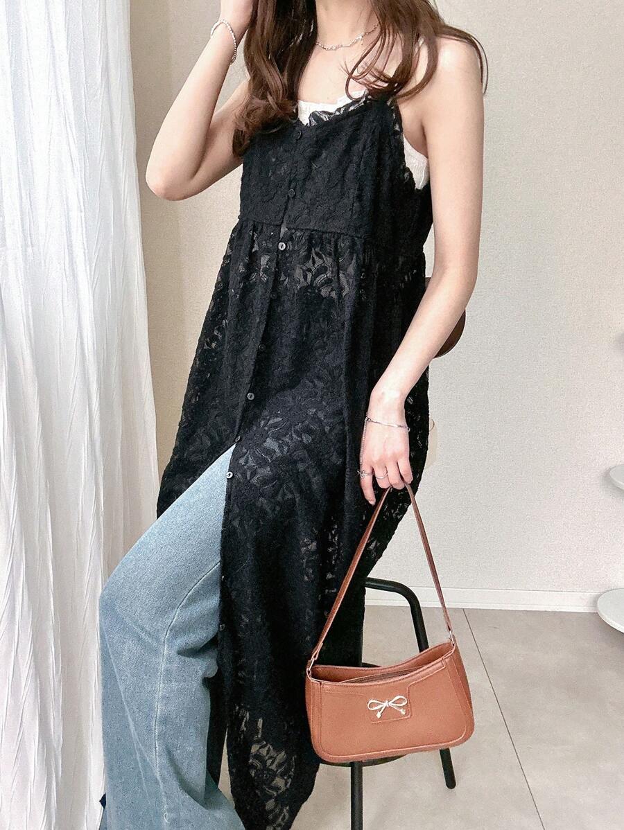 FRIFUL Women's Black Long Strap Lace Dress, Elegant Ladies Dress Sundress,Casual Women Dresses