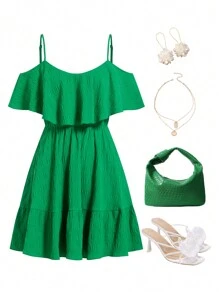 Ellevyn Green Summer Elegant Women's Textured Fabric Plaid Shoulder Strap With Ruffle Edge Collar And Waist Cinched A-Line Ruffle Hem Dress