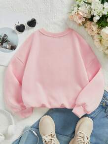 SHEIN Bluza z długim rękawem dla młodych dziewcząt, luźna, patchworkowa, z wzorem serca, okrągłym dekoltem, wygodna, dzianinowa, do codziennego noszenia