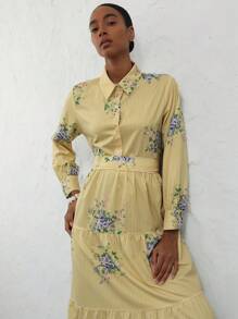 Aveloria Modichic 条纹与花卉随机印花长袖休闲连衣裙 - 黃色 - 查看 6