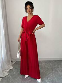 Elenzga New Puff Sleeve Short Sleeve Tied Cinched Waist Long Wide Leg Jumpsuit For Women