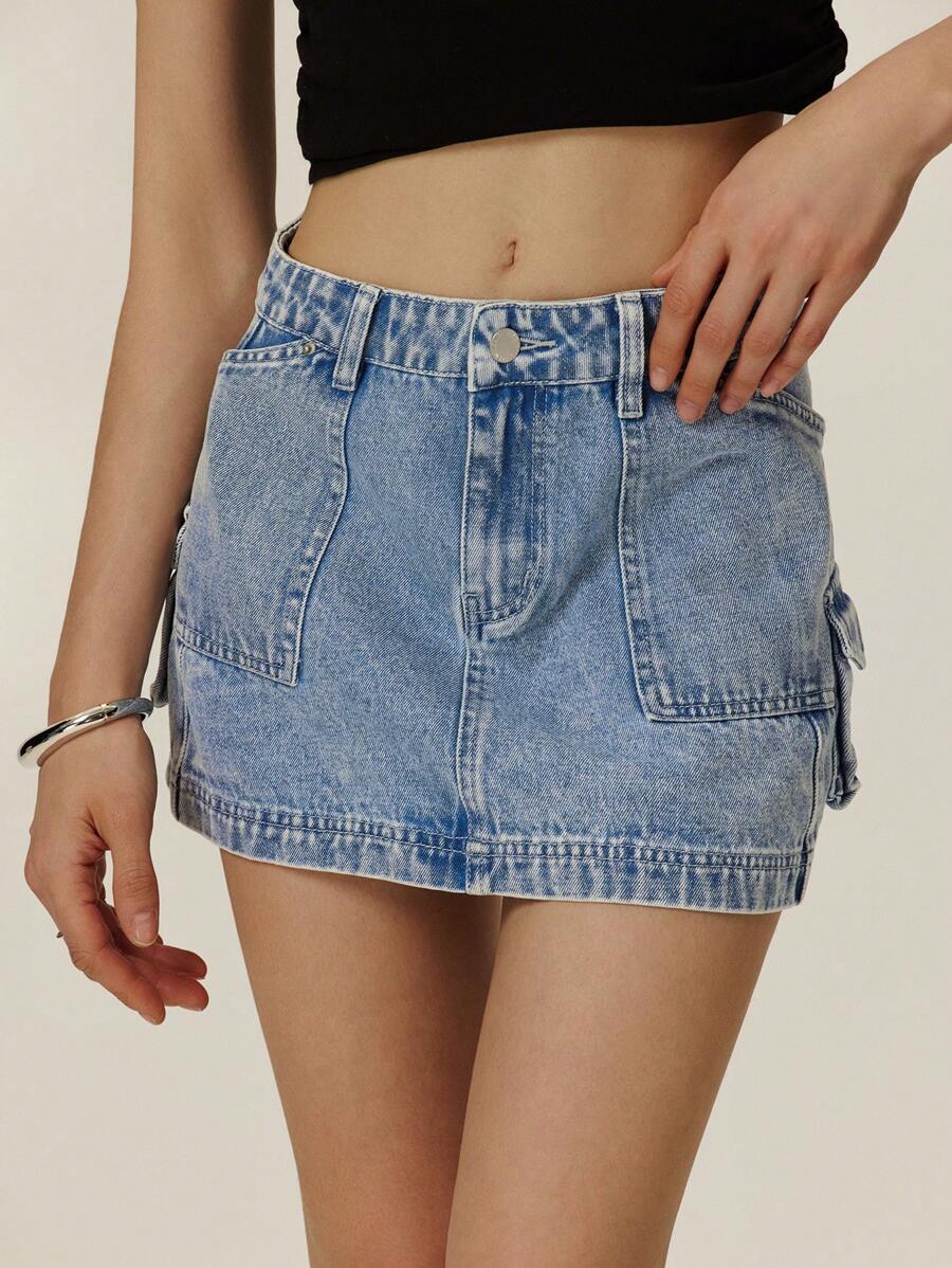 Poéselle Women's Casual Washed Denim Cargo Skirt