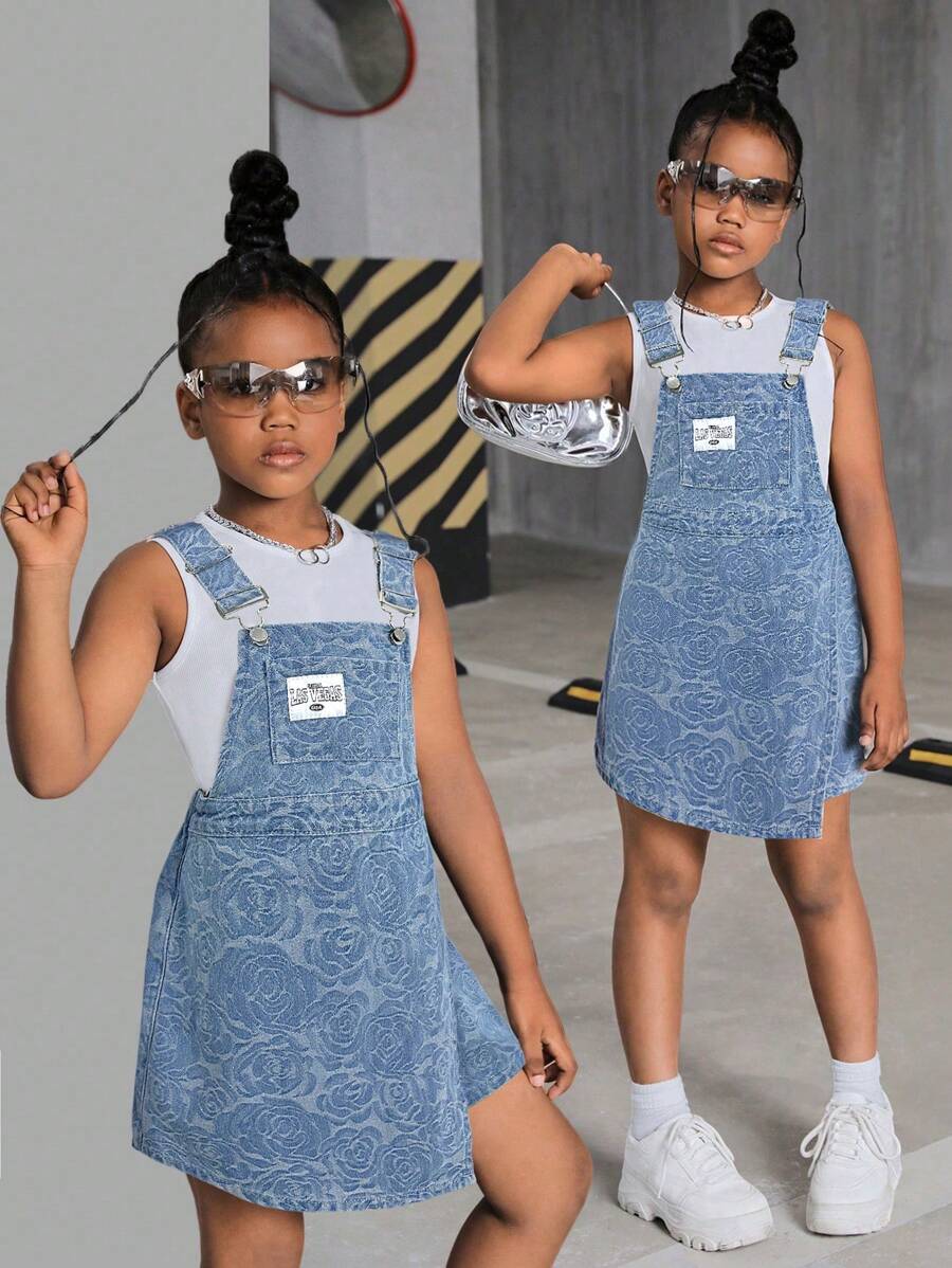 SHEIN Tween 女孩字母拼贴细节连体连衣裙（不含 T 恤）、女孩服装、返校街头服装