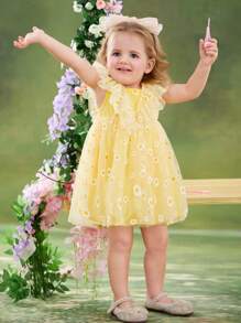 SHEIN Baby Girl Ditsy Floral Mesh Ruffle Edge Dress - Yellow - View 5