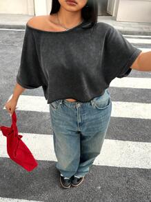 Muchica Plus Size Women Casual Loose Short Sleeve T-Shirt,Acid Washed Look Vintage Knitted Distressed,Streetwear,Spring Summer Clothes