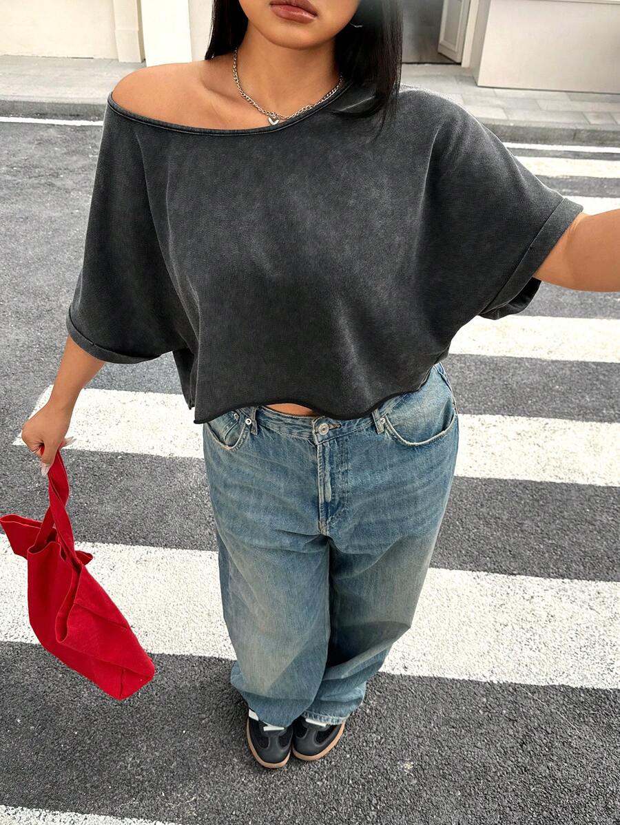 Muchica Plus Size Women Casual Loose Short Sleeve T-Shirt,Acid Washed Look Vintage Knitted Distressed,Streetwear,Spring Summer Clothes