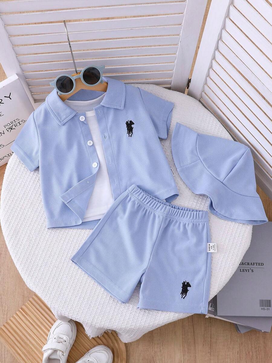 Conjunto de 4 piezas para bebé/niño pequeño para verano: Camiseta blanca, camisa a cuadros, pantalones cortos, gorra - Ideal para vacaciones, juego, uso diario casual