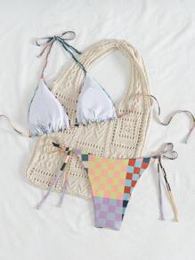 SHEIN Swim Women Plaid Coconut Tree Casual 2pcs Bikini Set For Summer Beach - Black - View 5