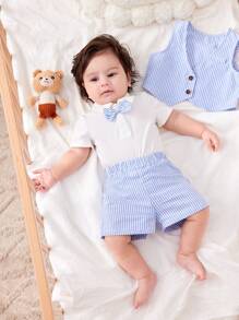 3-Piece Newborn Baby Boy/Girl Casual Academic Gentleman Style Short Sleeve Romper + Striped Vest + Elastic Waist Shorts Set, Suitable For Spring/Summer Wear, Home, Outings, Birthdays, Christenings, 1st Birthday Parties, Galas, Performances, Weddings