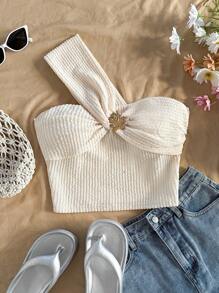 Soleia 女士纯色斜肩无袖修身休闲度假衬衫 - 白色 - 查看 4