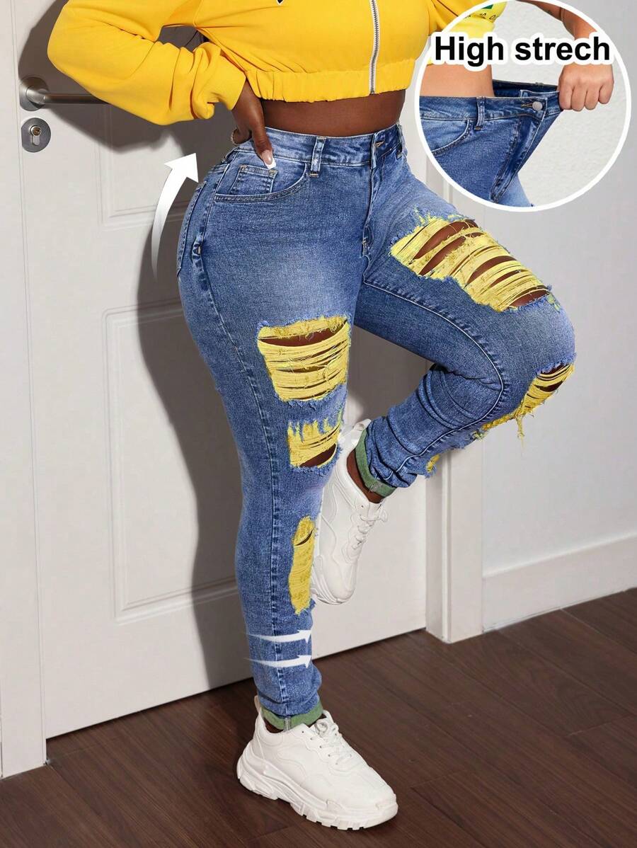 SHEIN CURVE+ Pantaloni de slăbire, blugi, blugi, blugi rupți, îmbrăcăminte de stradă, cu elastic înalt, blugi de vară, cu găuri colorate - Spălare ușoară - Vizualizare 1