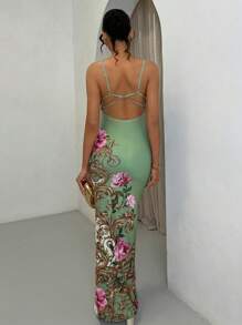 SHEIN BAE 夏季海滩度假优雅花卉图案印花荷叶边性感露背长裙，适合日常约会、夜间外出、夜总会、派对、聚会、鸡尾酒会、泳池派对、节日礼服 - 彩色 - 查看 1