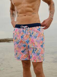 Manfinity VDAYZ Men's Ditsy Floral Print Drawstring Waist Beach Shorts,Hawaiian - Multicolor - View 7