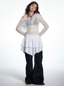 SHEIN EZwear Áo thun dệt kim Jacquard co giãn Y2K hở vai dễ thương cho nữ mùa xuân/hè màu trắng dành cho lễ hội âm nhạc - trắng - Xem 5
