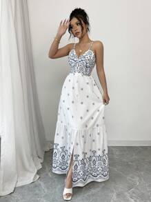 Chiquease Women's V-Neck Spaghetti Strap Retro Waist Drawstring Split Hem Floral Print Dress, Suitable For Spring/Summer Island Vacation - White - View 4