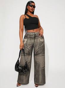 SHEIN SXY Plus Size Women Spring/Summer Denim Effect Distressed Print Elastic Waist Straight Leg Pants, Suitable For Cool Women, Date Night, Birthday, Bachelorette Party, Cute, Casual, Shopping, Ibiza,Nashville,Rave,Modest,Chic,Chill Streetwear, Going Out, Easy To Match & Look Slim, Accent Your Body, Flatter The Figure - Rust Brown - View 3