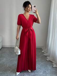 Elenzga New Puff Sleeve Short Sleeve Tied Cinched Waist Long Wide Leg Jumpsuit For Women